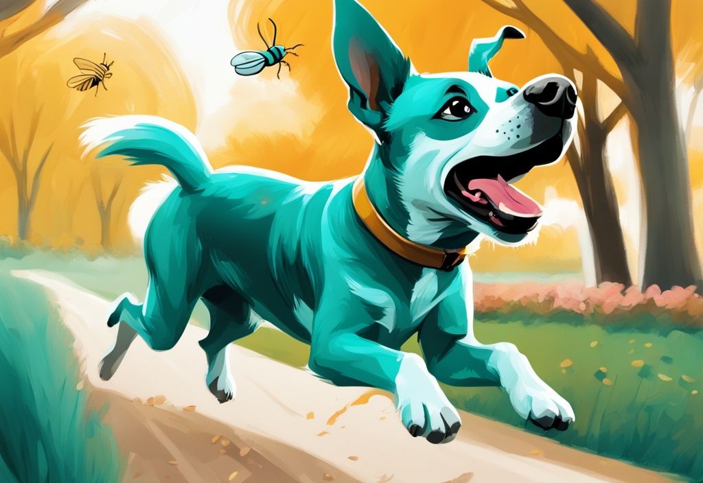 Playful dog leaping in sunny park, surprised expression, stepping on buzzing bee, digital painting, teal theme.