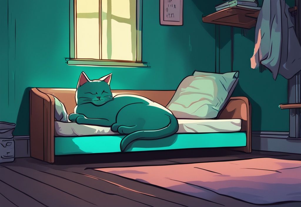 Digital painting of a cat napping under a bed in a cozy, semi-darkened room with a teal color theme.