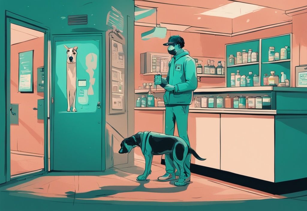 A solemn dog owner holding over the counter drugs stands with a sad dog outside a veterinary clinic, depicting the theme of how to euthanize a dog with over the counter drugs, in a modern teal digital painting.