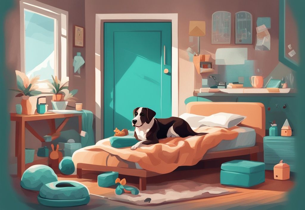 Modern digital painting of a happy dog in a teal-themed pet-friendly apartment, sleeping on its bed with toys and a feeding station nearby.