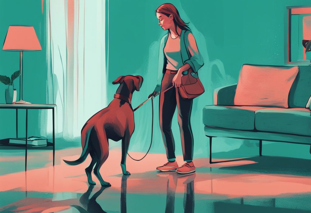 Modern digital painting of a concerned pet owner watching her dog stumble, illustrating the issue of "my dog is wobbly and off balance all of a sudden" with a teal color theme.