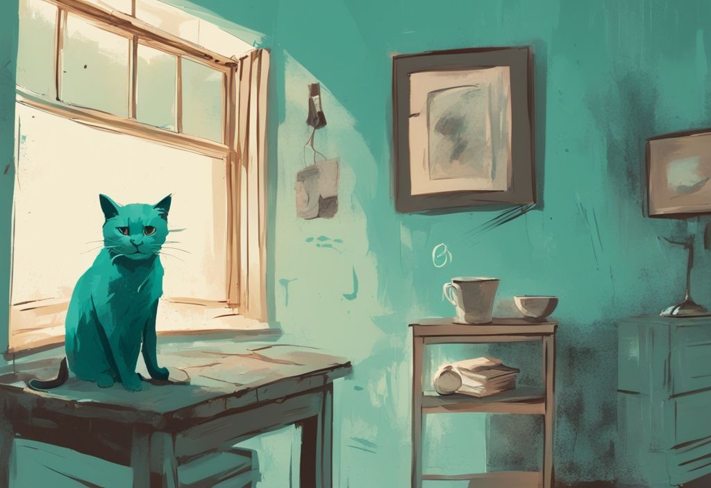 Modern digital painting of a distressed male cat meowing and marking spots in a teal-themed household setting.