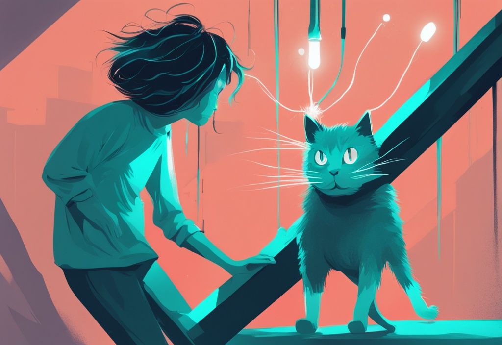 Teal-themed digital painting of a cat with static hair and curious owner.