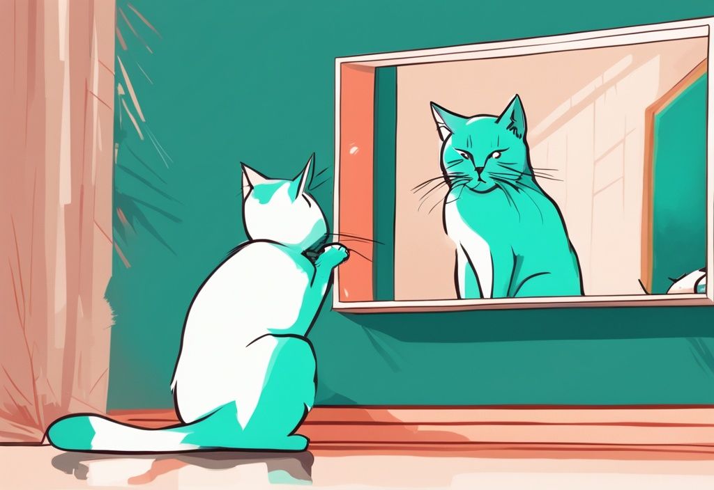 Modern digital painting of a curious cat scratching its reflection in a full-length mirror, teal color theme.