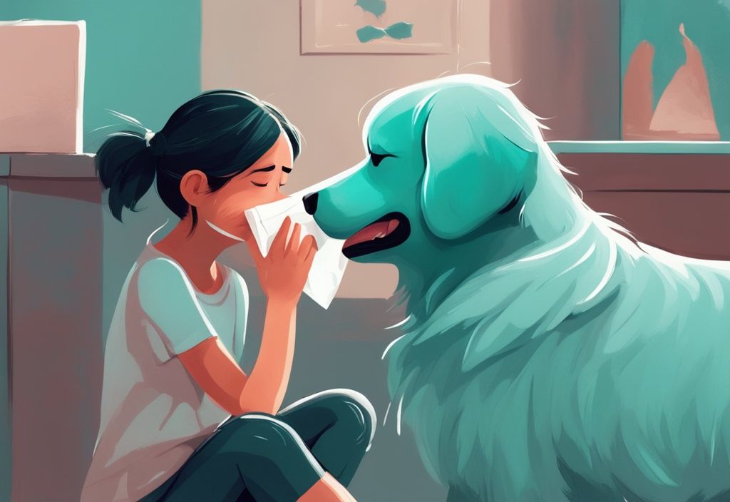 Cute little dog sneezing with tissue box and comforting owner, illustrating the theme "my dog keeps sneezing" in a modern digital painting with teal colors.