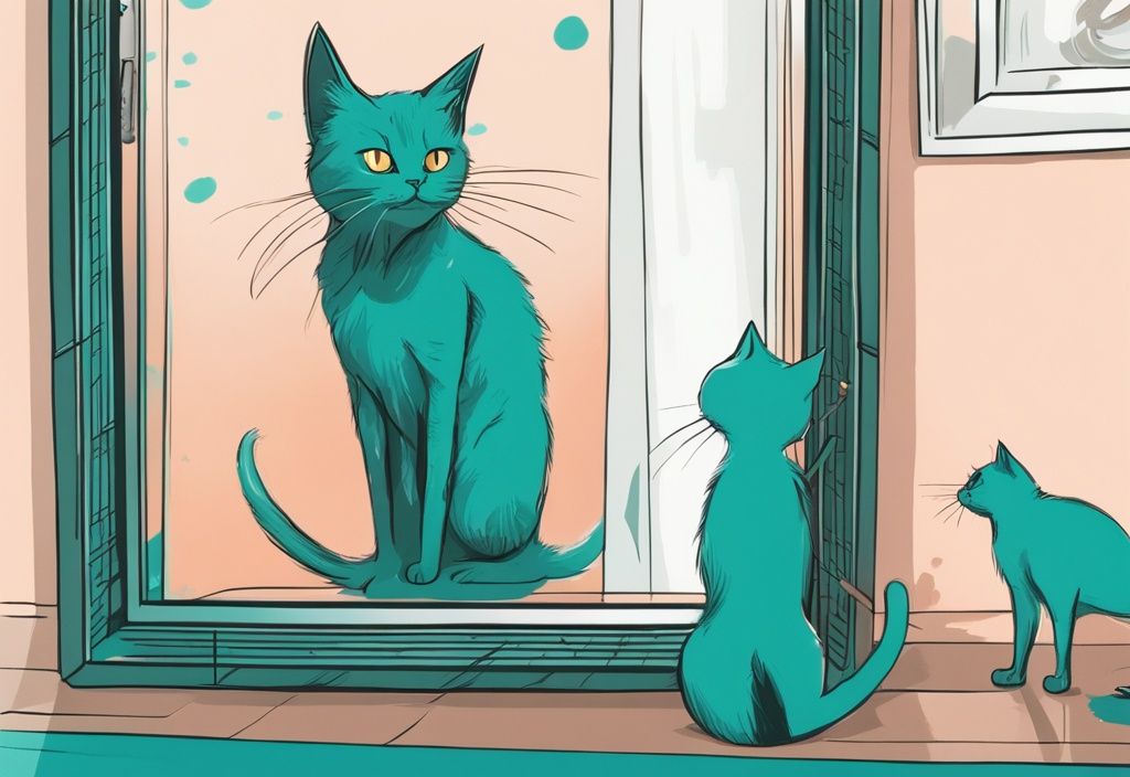 Curious cat scratching at its reflection in a full-length mirror, digital painting in teal theme