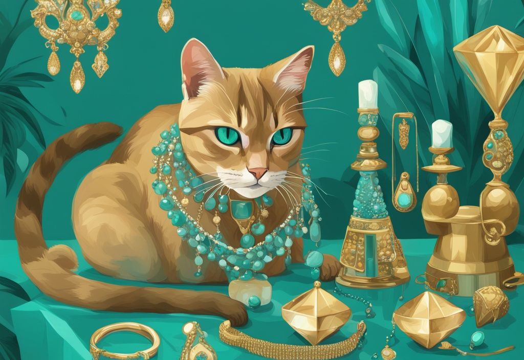 Luxurious exotic cat with teal-themed digital painting, surrounded by diamonds and golden cat accessories.