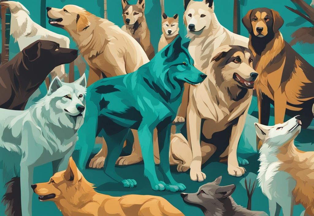 Digital painting of a domestic dog surrounded by predators like wolves, birds of prey, and big cats in a teal color theme.