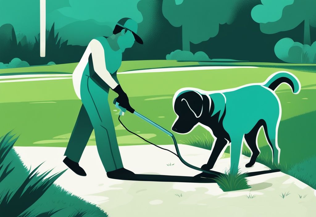 Digital painting of person using sprayer for turf cleaner on grass with teal theme, small dog nearby.