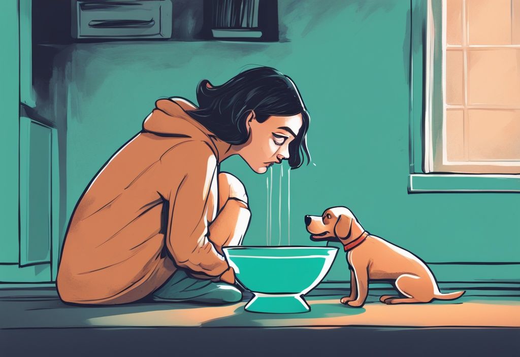 A digital painting of a worried dog owner watching their pet, who looks uncomfortable after drinking water, illustrating the question: why does my dog throw up after drinking water?