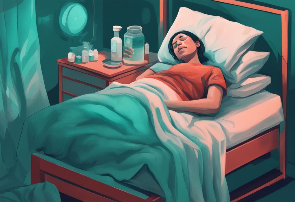 Digital painting of a person in bed showing signs of infection after neutering dog, with symptoms like fever, lethargy, swelling, redness, discharge, and suggested odor, in a teal color theme.