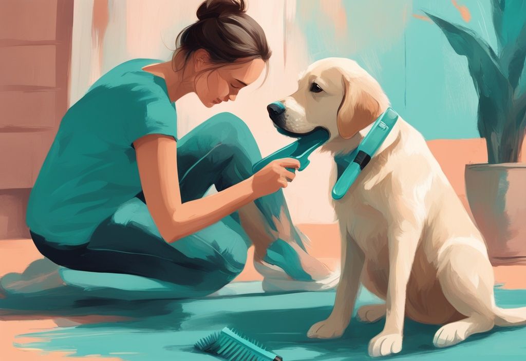 Illustration of how to deshed a dog, featuring a person using a deshedding tool on a Labrador Retriever, with a teal color theme.