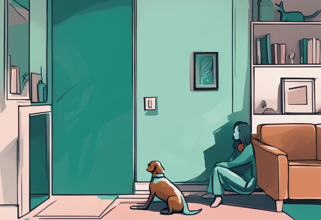 Modern digital painting of a worried dog owner observing her canine companion hiding in a corner, addressing the question: why is my dog suddenly hiding in corners, with a teal color theme.