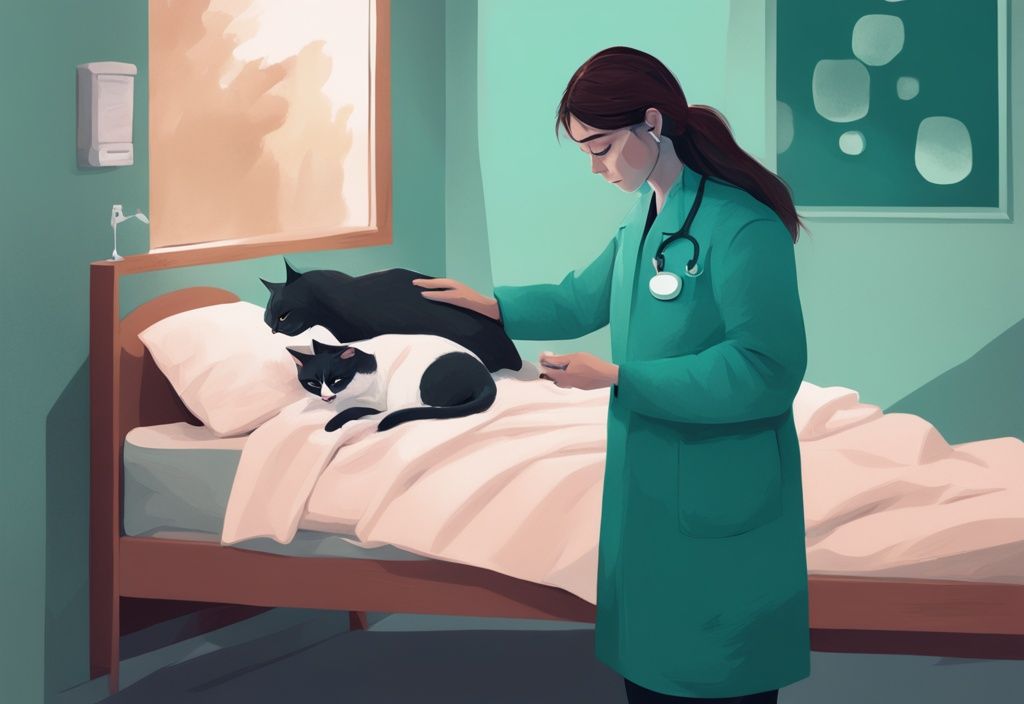 A modern digital painting of a veterinary doctor comforting a woman holding her cat with seizures, highlighting the emotional decision of when to euthanize a cat with seizures in a supportive setting.