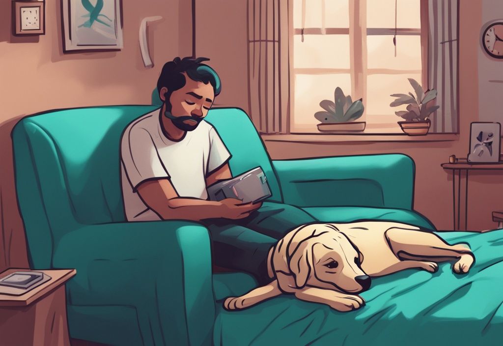 Modern digital painting of a sick dog with a concerned pet owner and veterinarian in a teal-themed cozy home setting.