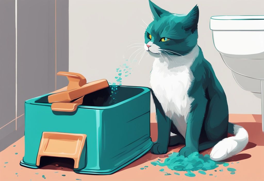 Modern digital painting of a cat using its paw to bury waste in a teal-themed litter box.