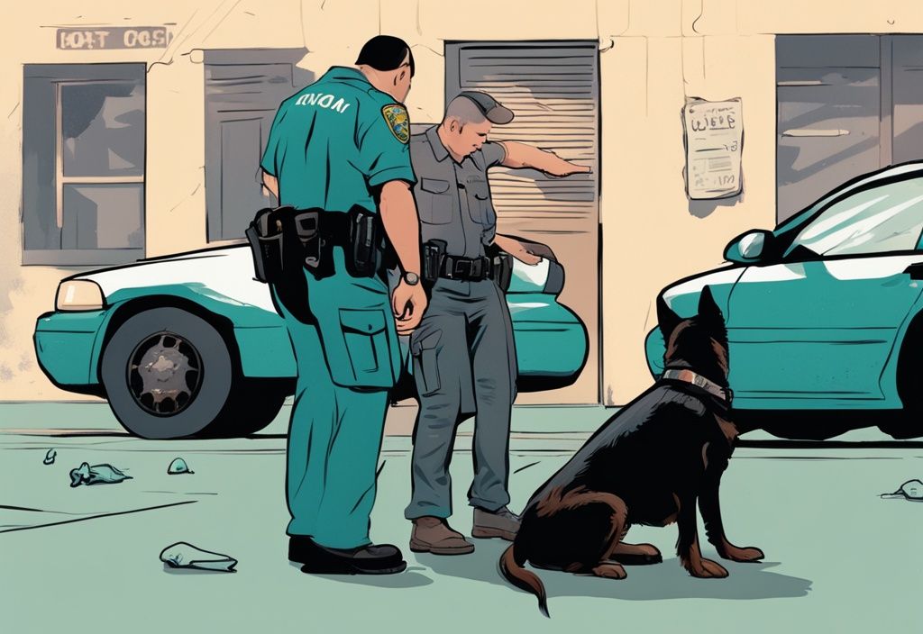 Modern digital painting of a distressed pet owner talking to a law enforcement officer, injured dog showing signs of attack, teal color theme.