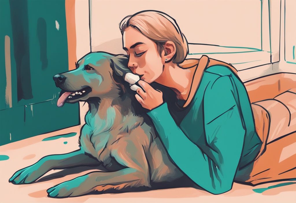 Digital painting of a playful dog chewing a bone on a person's lap, teal color theme