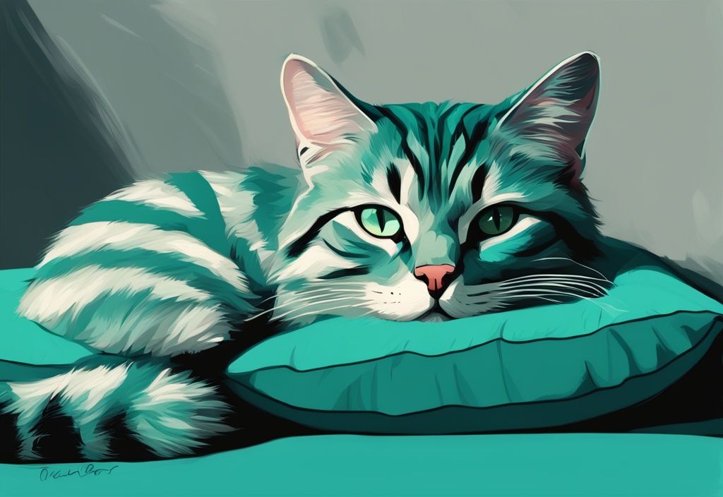 Teal-themed digital painting of a tired striped cat sighing on a soft pillow