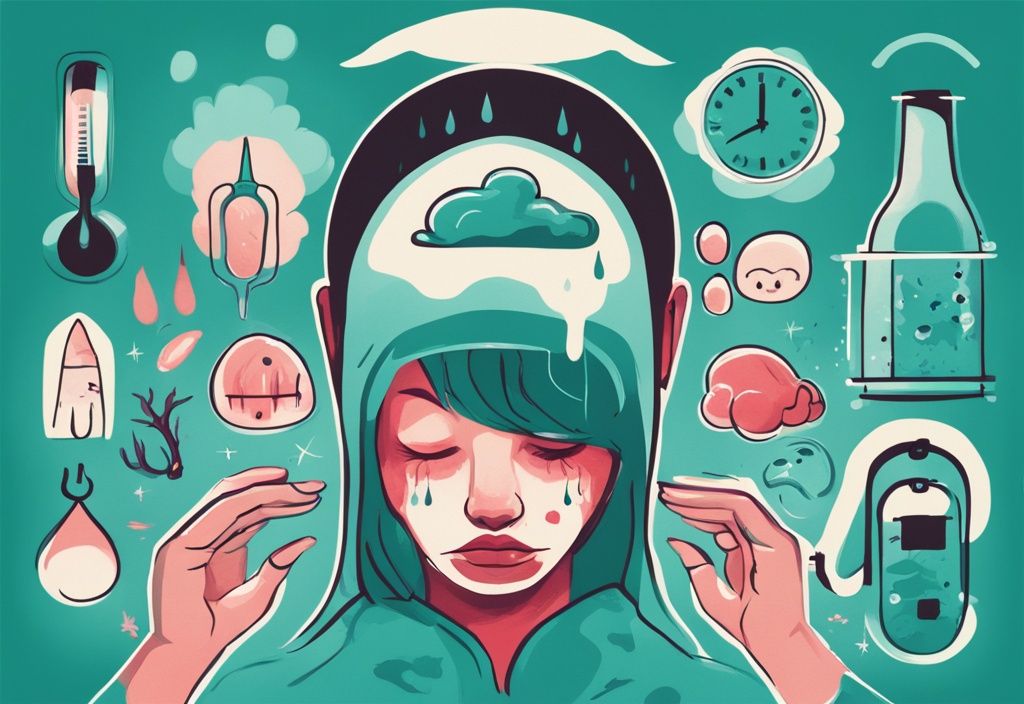 Modern digital painting with teal theme depicting illness symptoms: swelling, discharge, odor, pain, fever, lethargy.