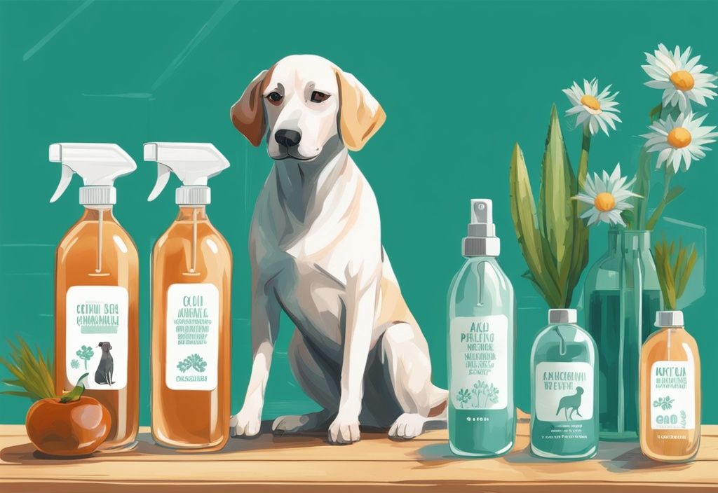 Modern digital painting of a dog resting next to homemade dog anti itch spray bottles on a wooden table, featuring ingredients like aloe vera, apple cider vinegar, and chamomile in the background, with a teal color theme.