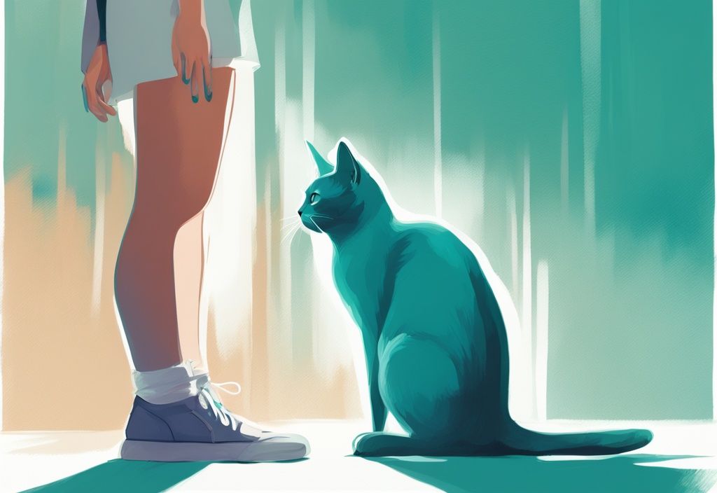 Modern digital painting of a teal-themed relaxed cat standing on hind legs, gently stroked by a human hand.