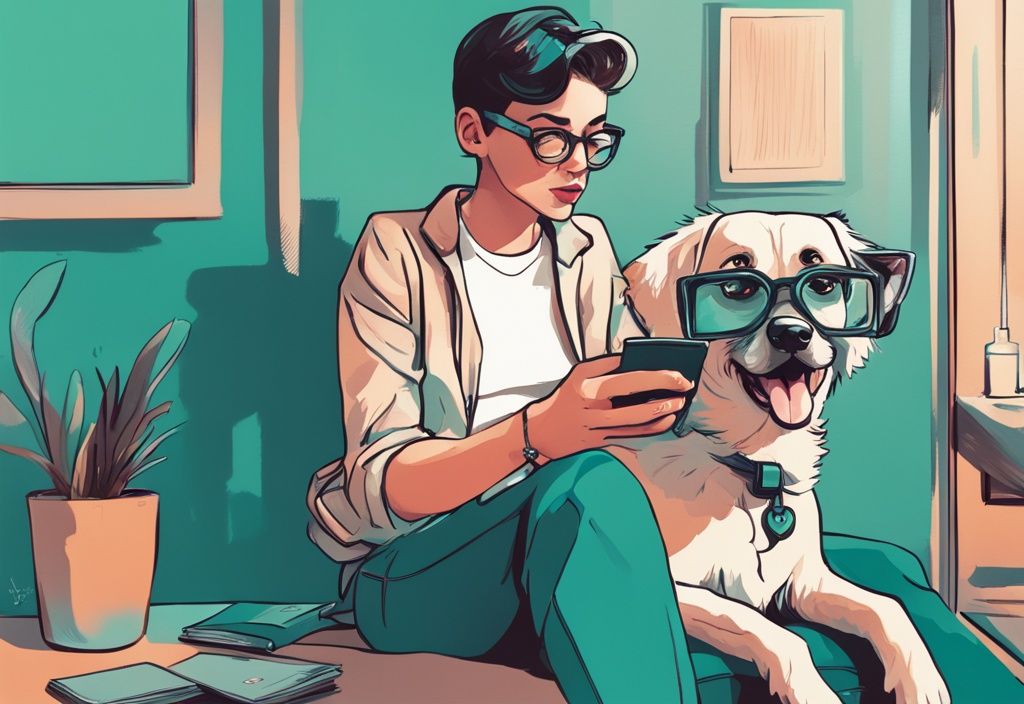 Modern digital painting of a dog and human critically reviewing magazines with spectacles, featuring a teal color theme; dog is human review concept.