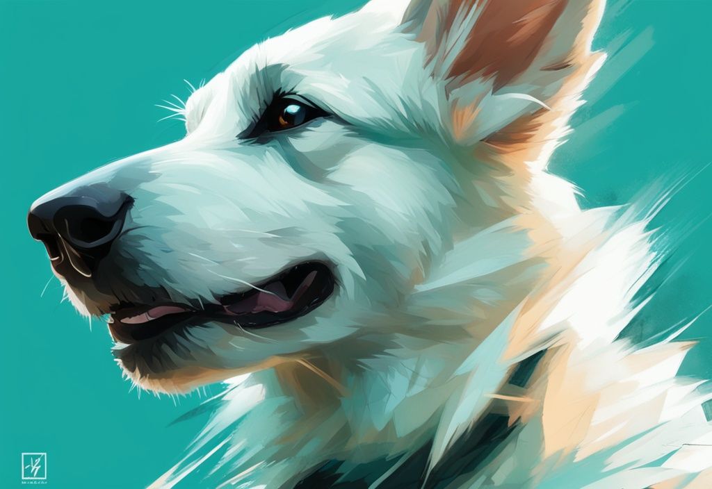 Modern digital painting of Bolt, the animated white German Shepherd Dog, striking a courageous pose with a teal color theme.