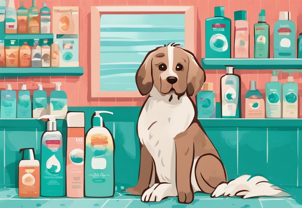 Modern digital painting illustration featuring 5 best antifungal dog shampoos in teal theme with a cheerful dog in the background.