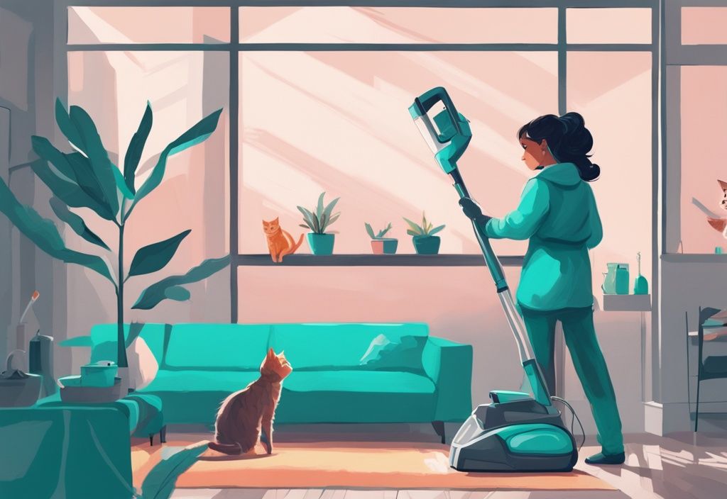 Modern digital painting of person cleaning cat tree with vacuum and spray, teal theme, curious cat watching.