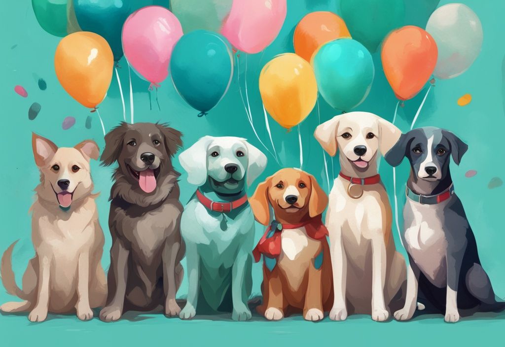 Modern digital painting of happy rescue dogs celebrating National Rescue Dog Day with teal theme, colorful banners, and balloons in the background.