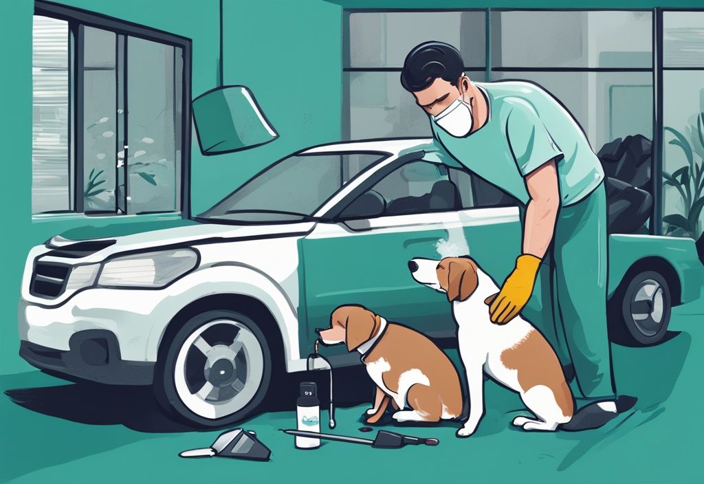 Teal-themed digital painting of a person cleaning dog hair from car interior using vacuum, rubber gloves, and lint roller.