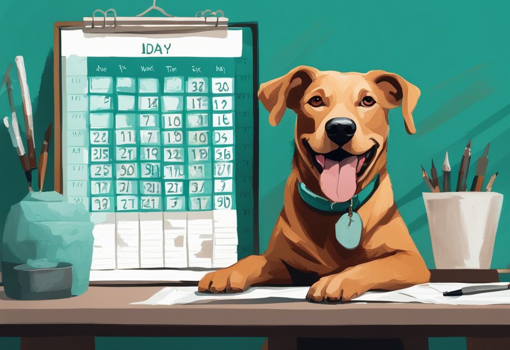 Teal-themed digital painting of a happy dog with a Texas legal process calendar for claiming a stray dog in the background.