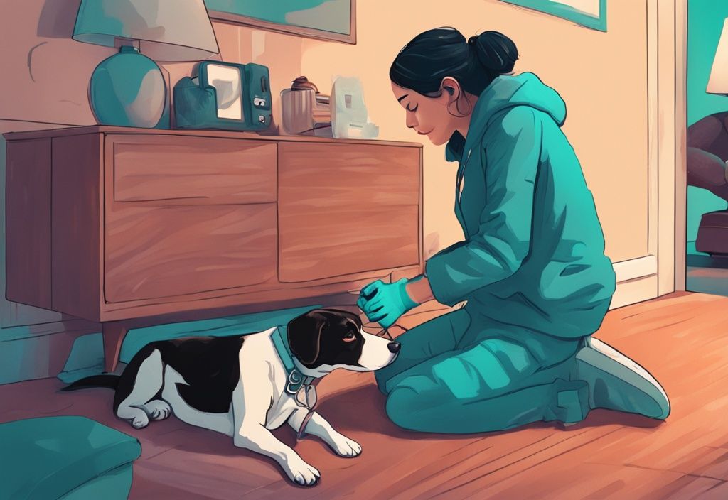 Concerned pet owner placing oxygen mask on relaxed dog indoors, modern digital painting in teal theme.