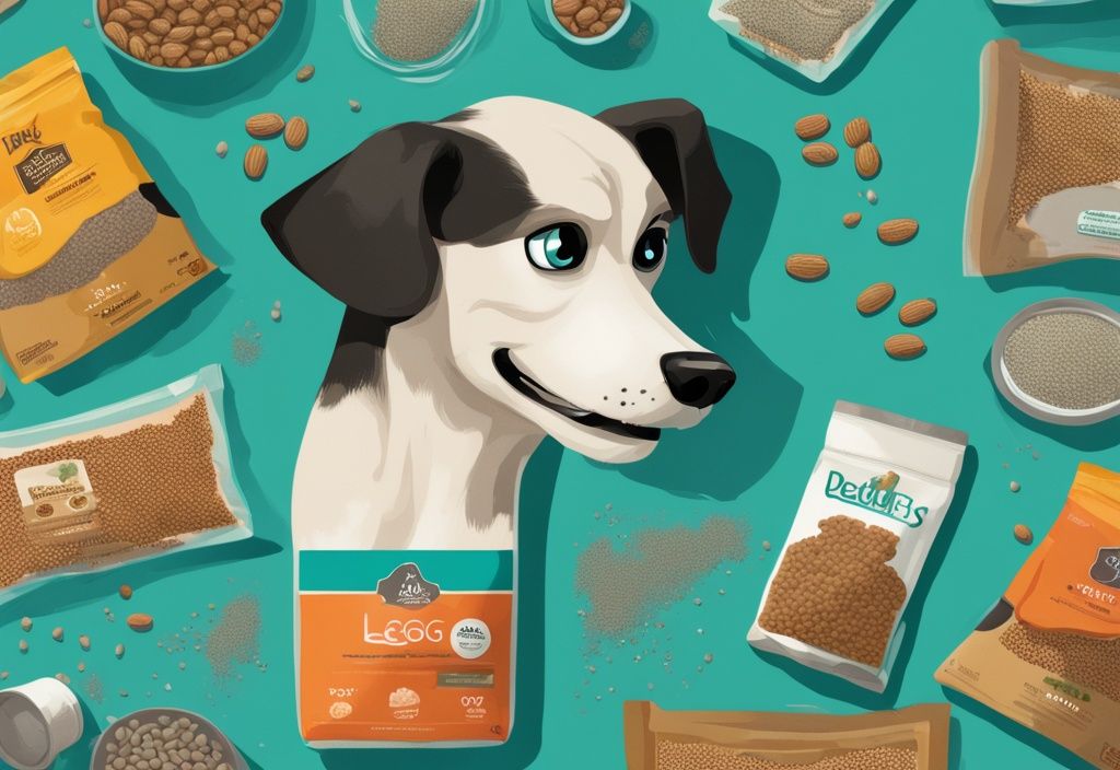 Modern digital painting of a picky dog sniffing top-rated dry dog food brands, teal color theme.