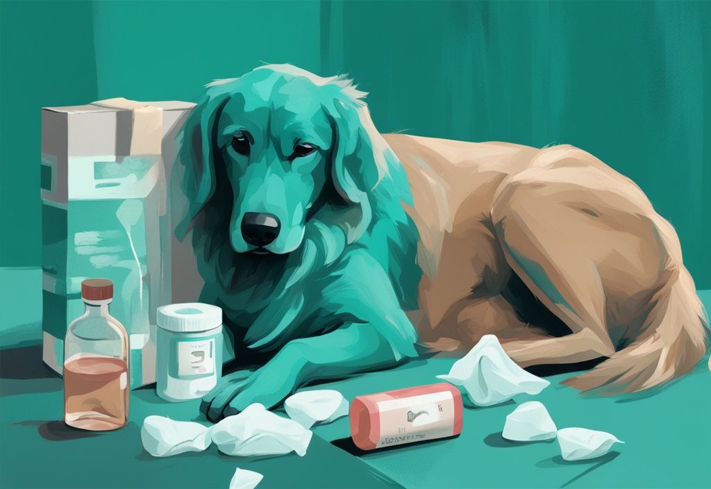 Teal-themed digital painting of a sad dog comforted by human hands, surrounded by tissues and medicine in a cozy home setting.