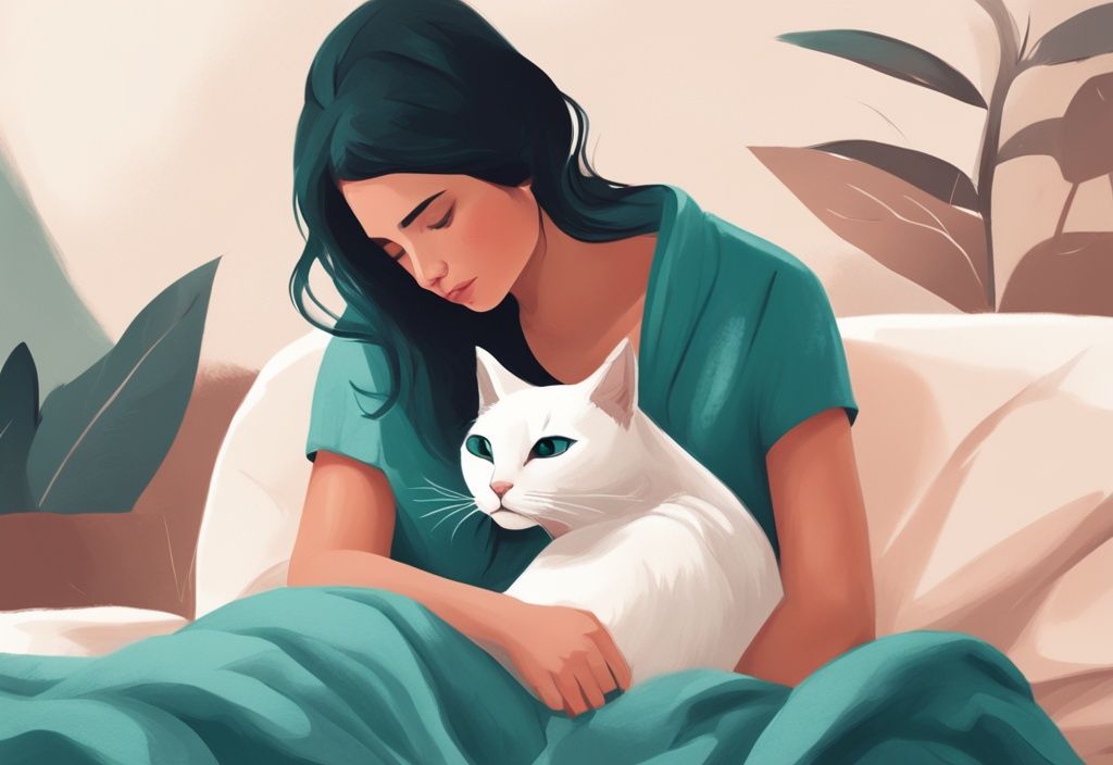 Modern digital painting of a caring owner demonstrating how to swaddle a cat in a teal-themed cozy blanket.