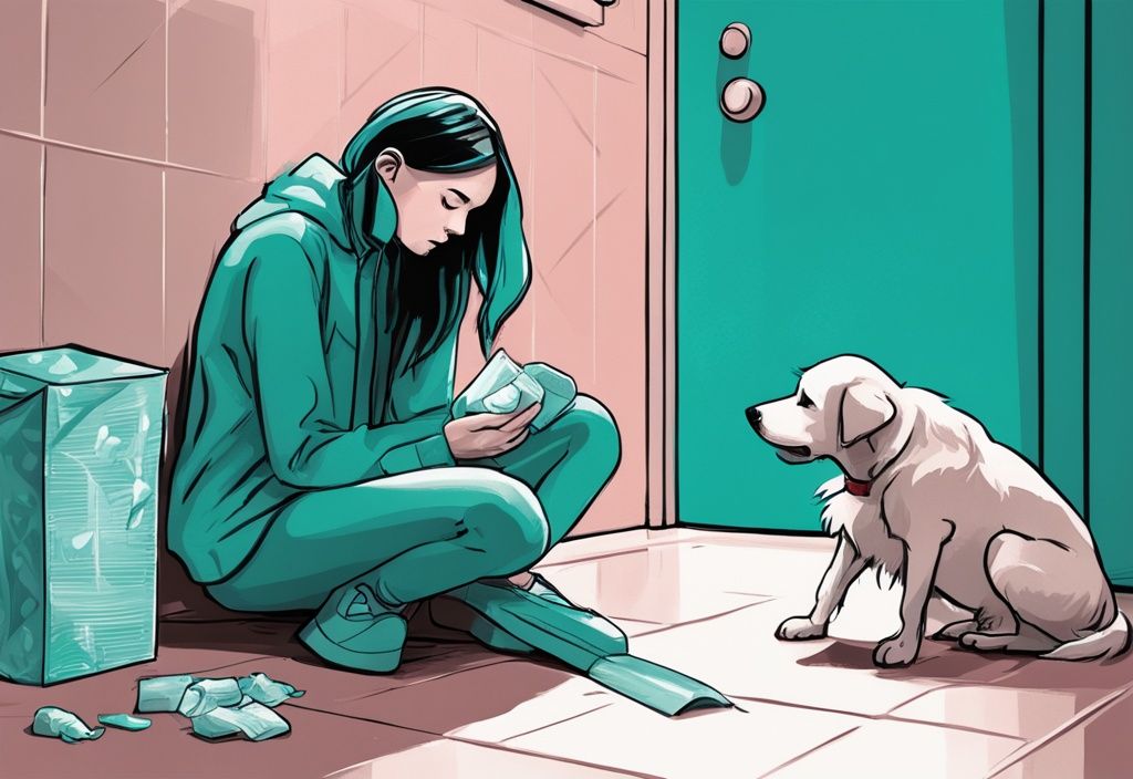 Concerned pet owner with empty tampon packaging and guilty dog in modern teal-themed digital painting illustration.