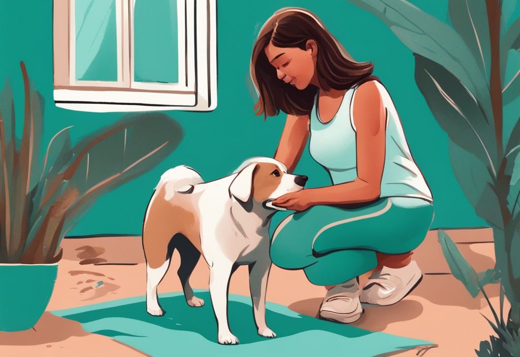 Modern digital painting of a pet owner using techniques to encourage dog to poop, teal color theme, outdoor setting.