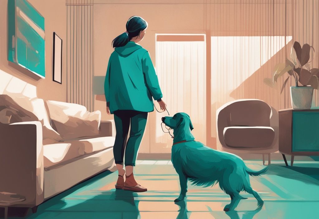 Modern digital painting of a concerned owner watching their wobbly dog walk, teal color theme.