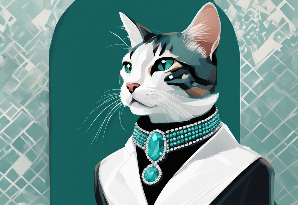 Illustration of a luxurious diamond-studded cat collar on an elegant feline, highlighting opulence and high cost, related to the keyword "what is the most expensive cat.