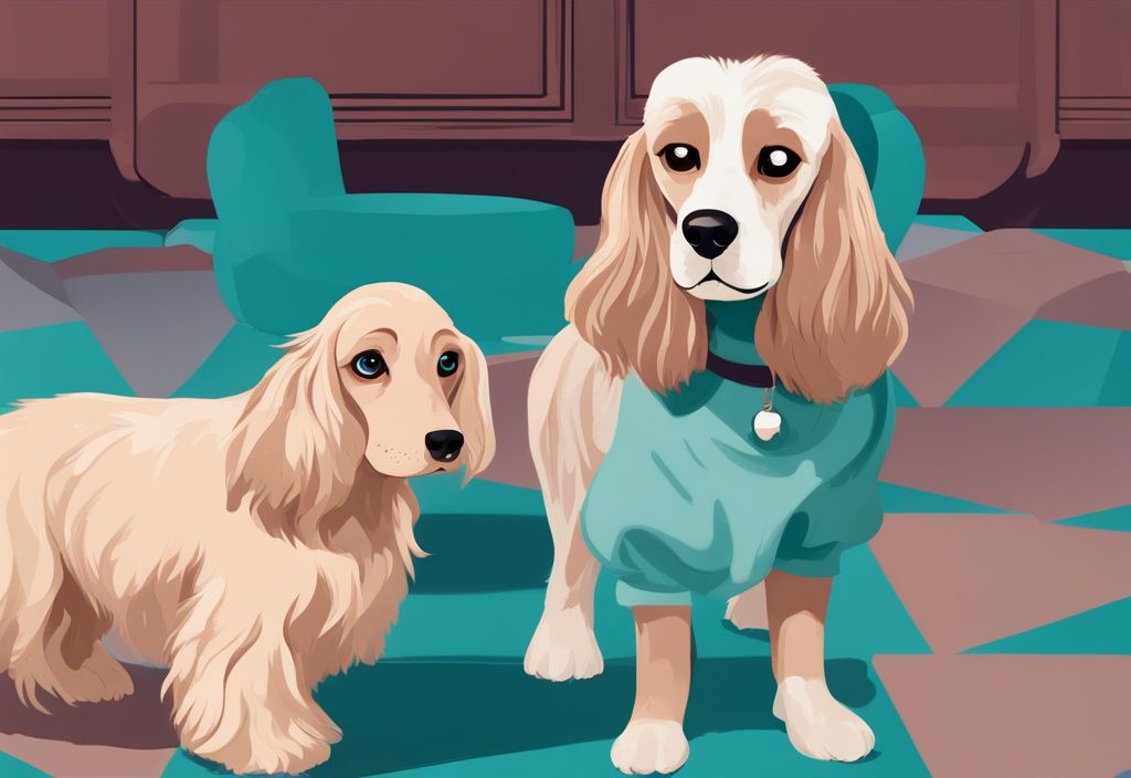 Modern digital painting illustration with a teal theme comparing Lady from Lady and the Tramp to a real life American Cocker Spaniel, answering the question: what kind of dog is Lady from Lady and the Tramp.