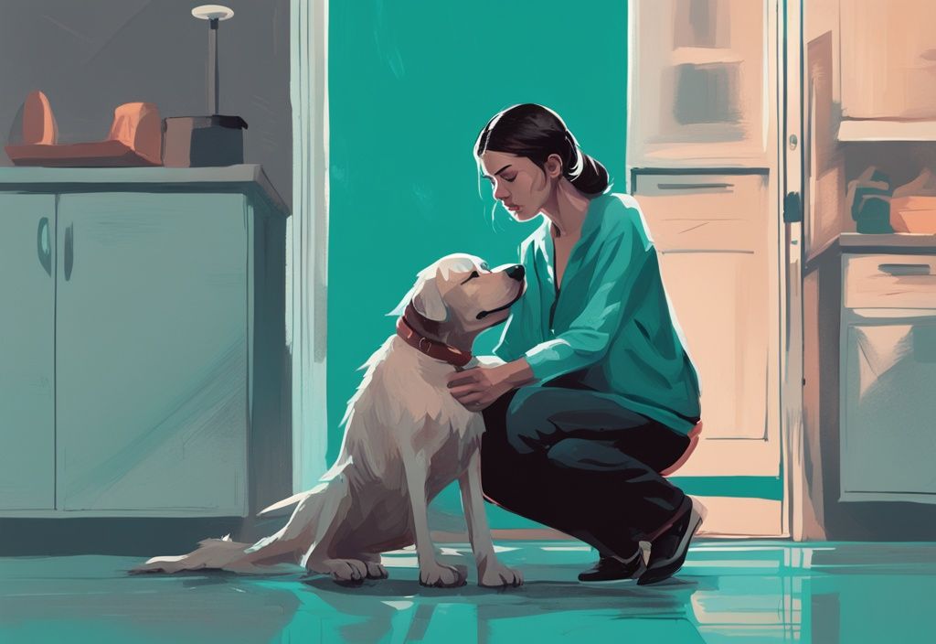 Teal-themed digital painting of a concerned dog owner watching their anxious, trembling dog with unusual behavior.