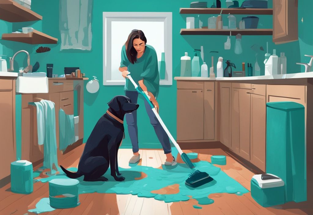 Illustration of a frustrated homeowner with cleaning products and a guilty dog near a carpet mess, depicting how to clean up dog puke, with a modern teal color theme.