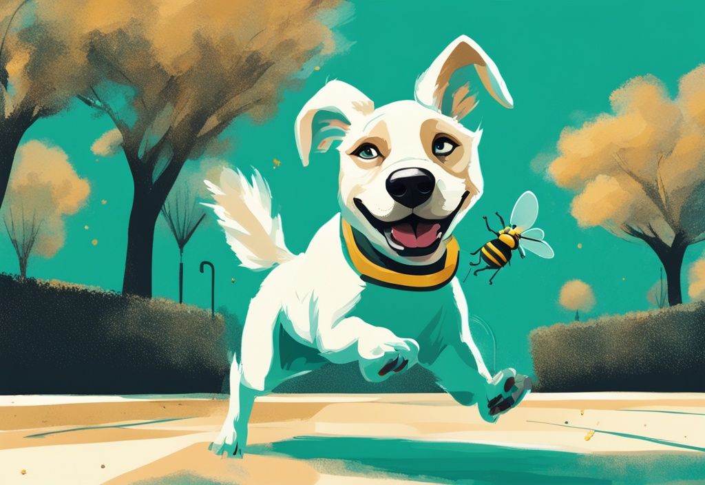 Playful dog leaping in a sunny park, surprised by stepping on a buzzing bee, digital painting in teal theme.