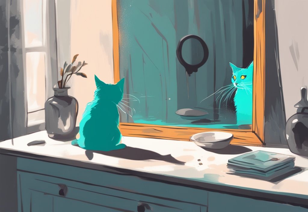 Teal-themed digital painting of a curious cat mid-scratch on a large mirror, reflecting its confusion; why does my cat scratch the mirror?