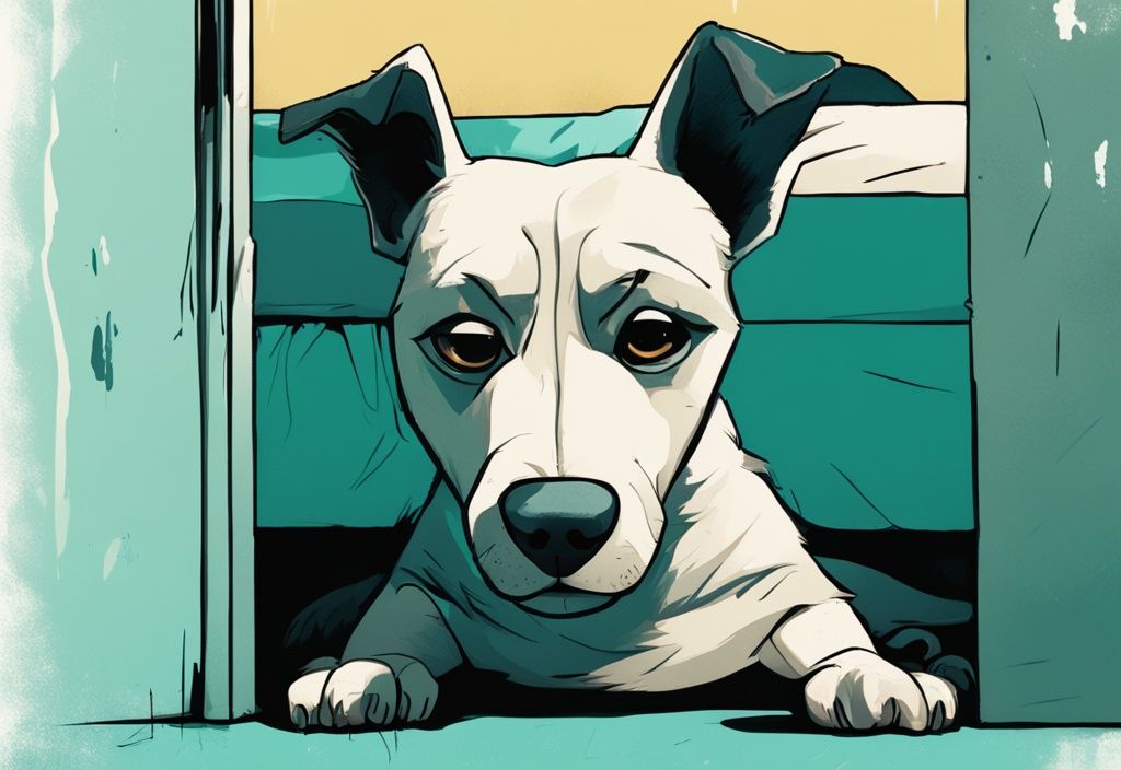 Teal-themed digital painting of a distressed dog hiding under a bed, illustrating the question: why is my dog hiding under the bed all of a sudden.