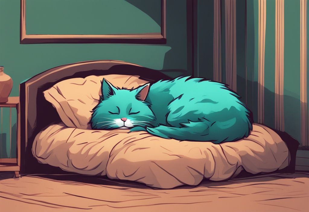 Fluffy cat sleeping under the bed in a dimly lit room, embodying coziness and tranquility; why does my cat sleep under the bed? Modern digital painting with a teal color theme.