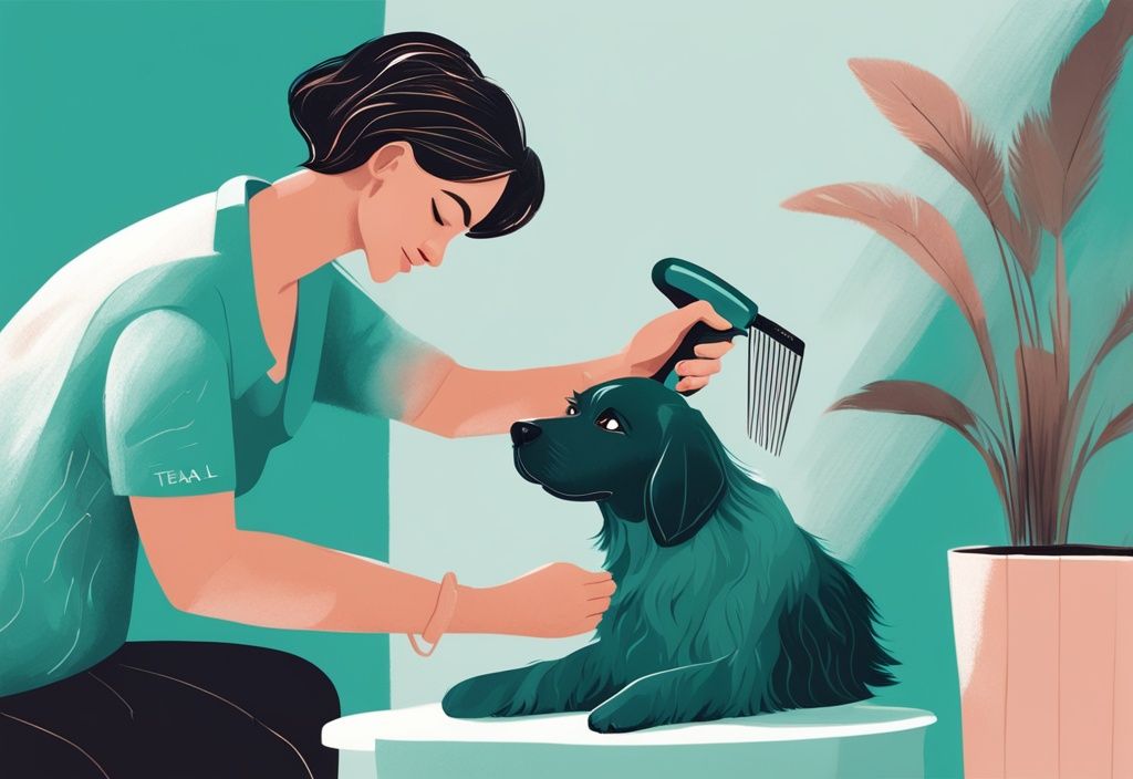 Modern digital painting of a person using a deshedding tool on a teal-themed medium-sized dog at home.