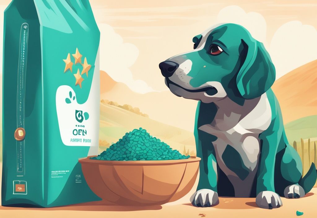 Teal-themed digital painting of a happy dog sitting beside Open Farm dog food bag, with a person holding a five-star rating symbol in the background, illustrating an Open Farm dog food review.